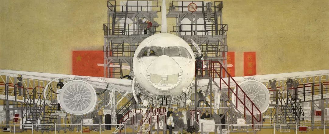 中国制造走向世界——c919大飞机(中国画) 范春晓