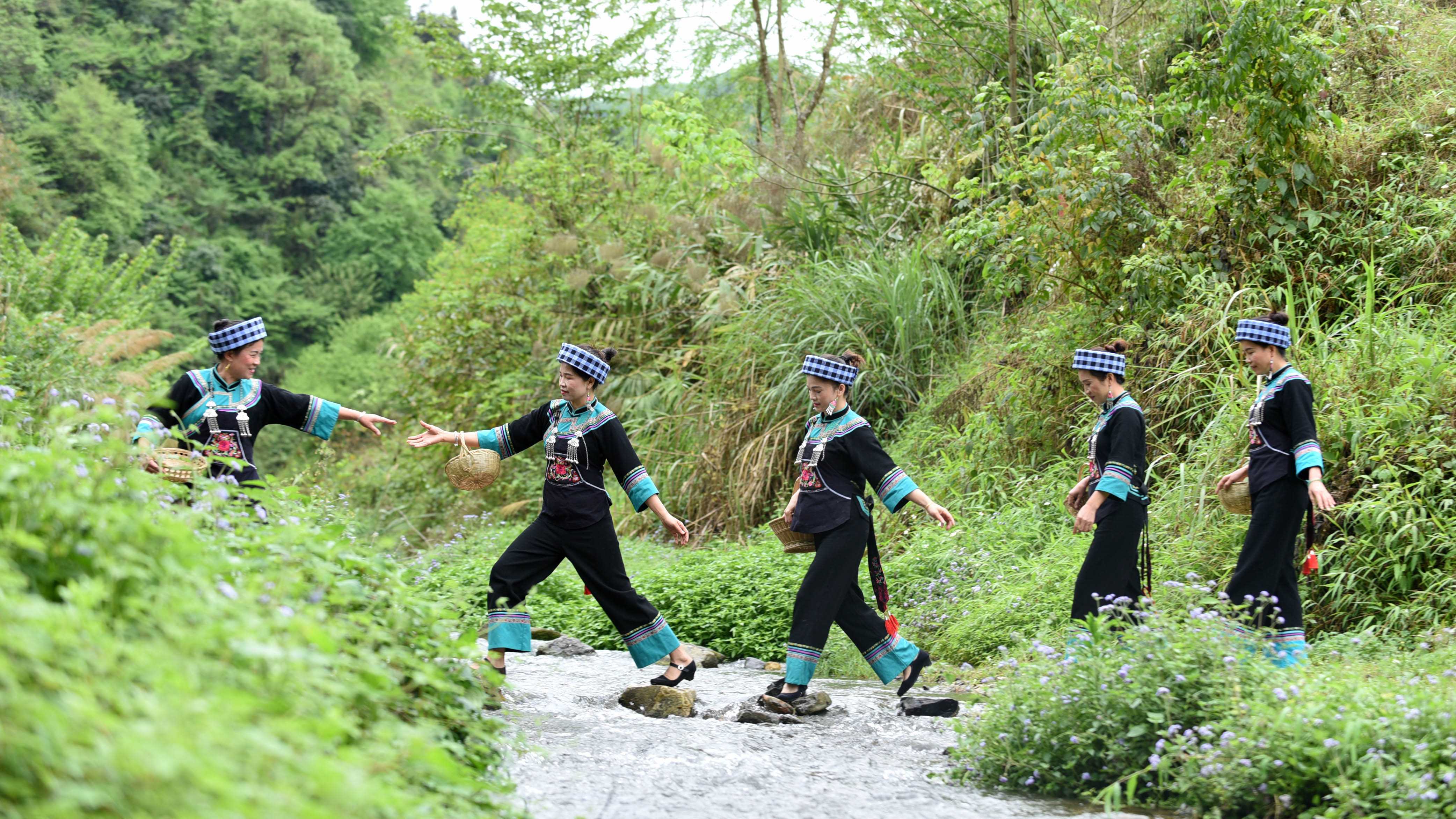 在罗甸县罗悃镇河西村，村民身着民族服饰上山采摘清明菜。